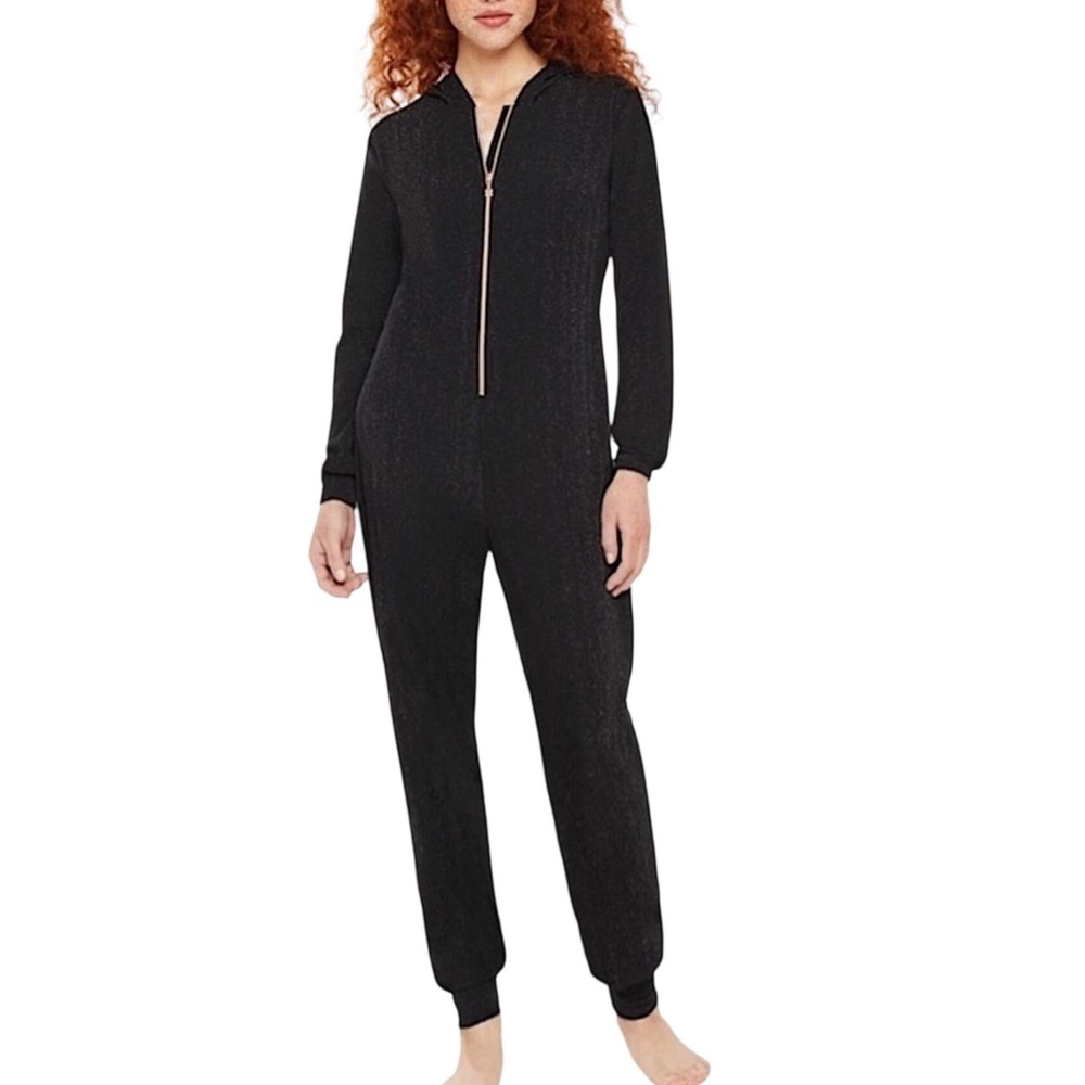 Savage X Fenty Sleep n Shine Silver Shimmer Black Hooded Jumpsuit Black Size XS